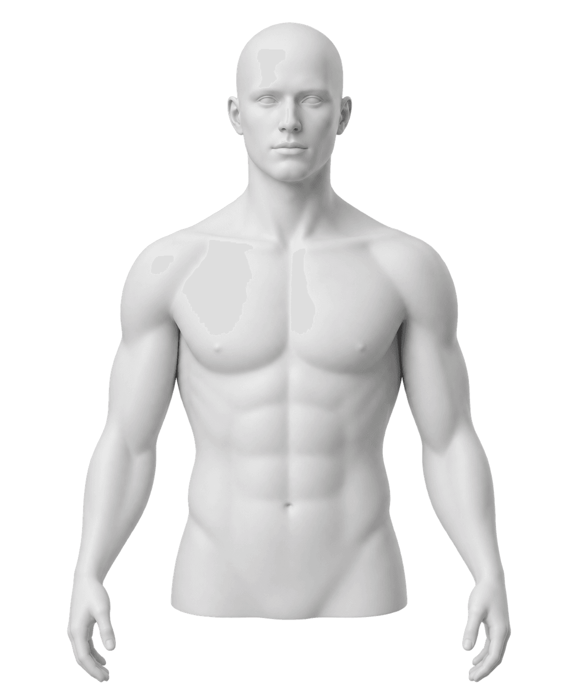 Front-facing body diagram showing forehead, chest, and forearm patch positions